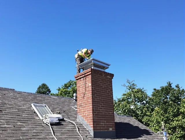 Reynoldsburg Chimney Sweep technician measuring a chimney cap in Reynoldsburg, OH