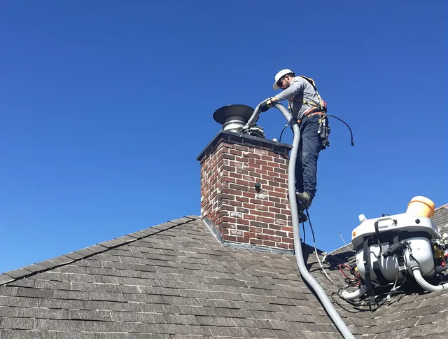 Dedicated Reynoldsburg Chimney Sweep team member cleaning a chimney in Reynoldsburg, OH